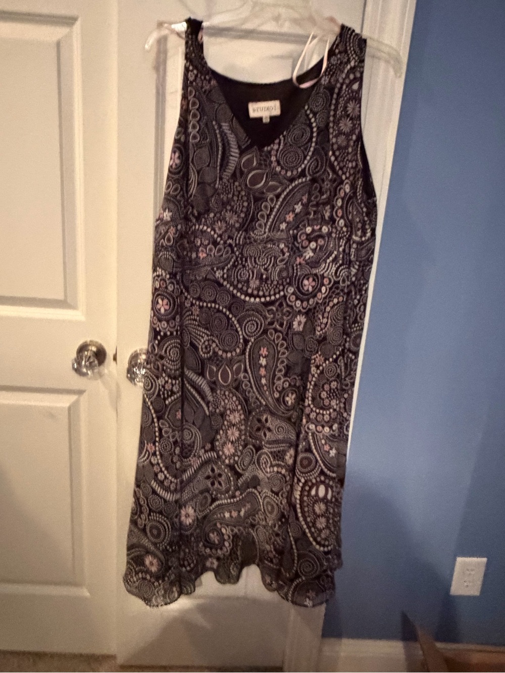 Studio I Black Paisley Sleeveless A-Line Dress with Pink Accents